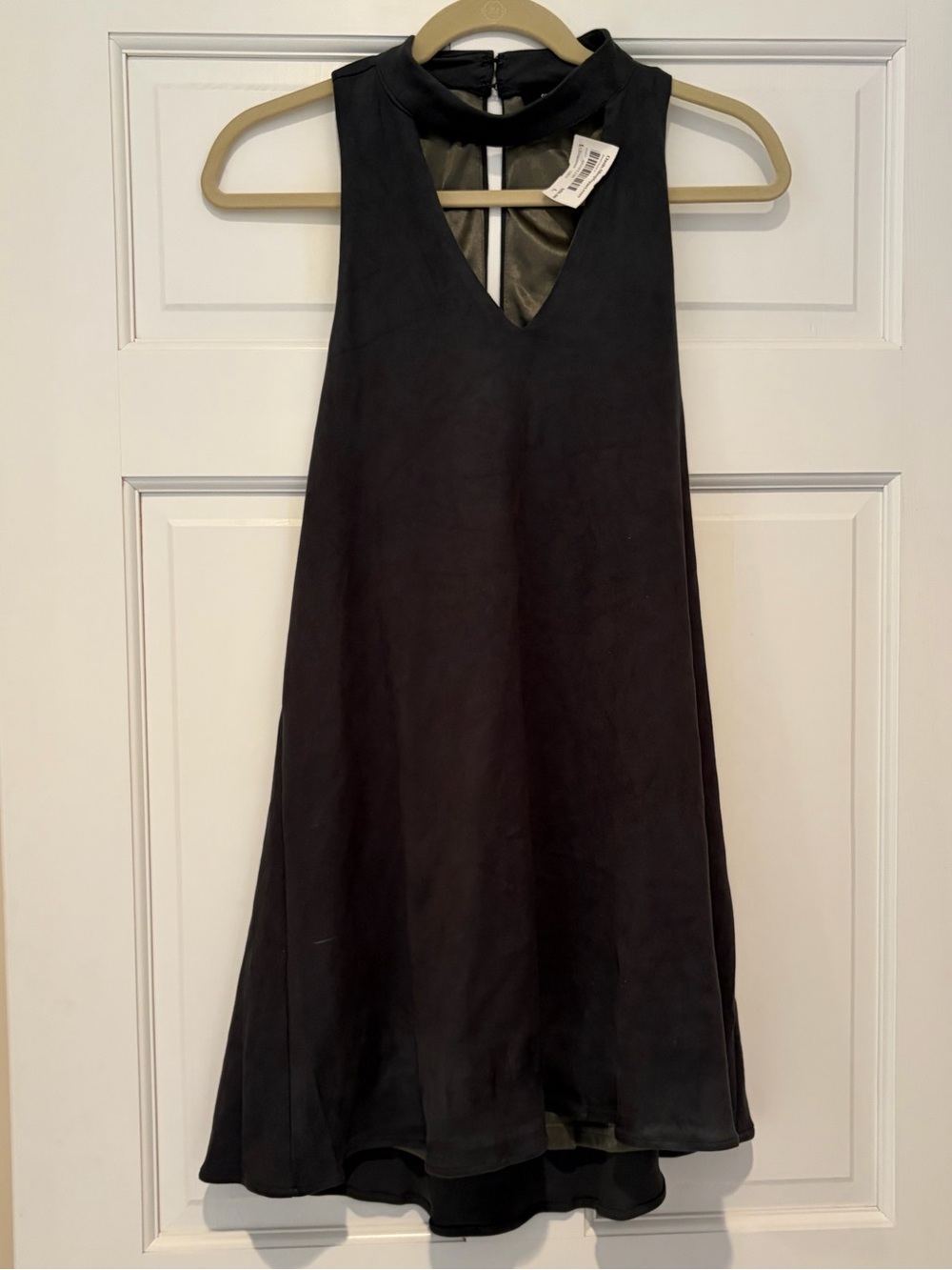 NWT Olivaceous Green Sleeveless Suede V-Neck Mini Dress with Mock Collar